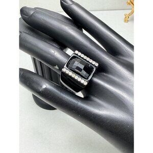 Vintage Black Lucite Rhinestone Statement Ring Size 6 Bold Cocktail Retro Style